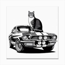 Cat on a Car: A Cool and Chic Black and White Photograph of a Cat Sitting on a Classic Car Canvas Print