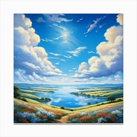 Cumulus Clouds Cotton Like In Texture Dominate The Expansive Azure Sky While A Serene Landscape Un (2) Canvas Print