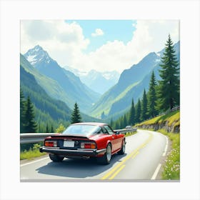 Luxury Car On A Picturesque Mountain Road, Watercolor Painting 1 Canvas Print