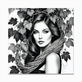 Black And White Portrait Of A Woman With Vines Canvas Print