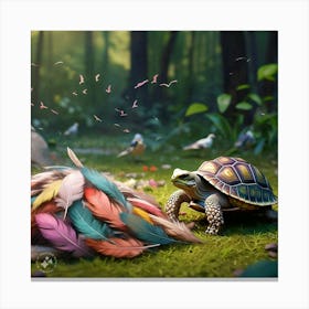 The Birds Gathered Around The Pile Of Feathers Their Songs Filling The Air It S A Farewell Hymn A Celebration Of The Tortoise S Life And Legacy (2) Canvas Print