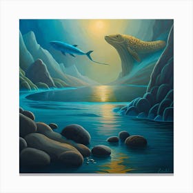 Whale And A Shark, Coral Reef, Fish, Algal Blooms, Undersea Landscape, Digital Art Print, Home Decor Canvas Print