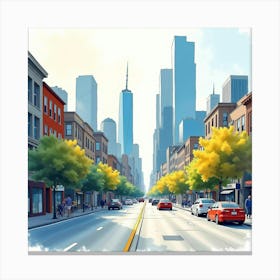 A Bustling Cityscape In Watercolor, With Skyscrapers And Lively Streets 1 Canvas Print