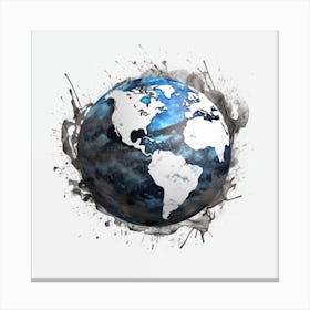 Planet Earth Sketch With Ink Splash Effect Canvas Print