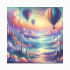 Dreamy Pastel Painting Of Hot Air Balloons Drifting Over A Fantasy Landscape, Style Soft Pastel Painting Canvas Print