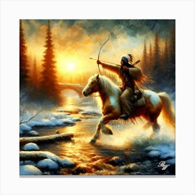 Native American Indian Shooting A Bow Crossing Stream Copy Canvas Print