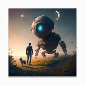 Man And Dog In Front Of A Robot Print Canvas Print