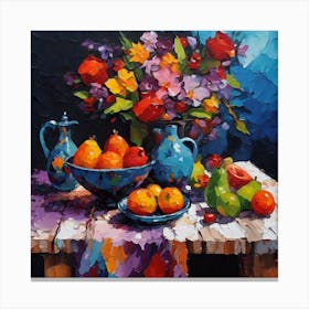Garden Flowers, Fruit and Blue Pottery on Rustic Table Canvas Print