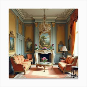 French Château Interior In Watercolor With Ornate Furnishings And Tapestries 1 Canvas Print