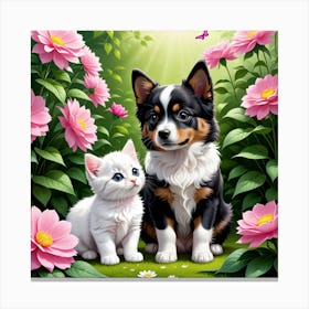Dog And Cat In The Garden Canvas Print