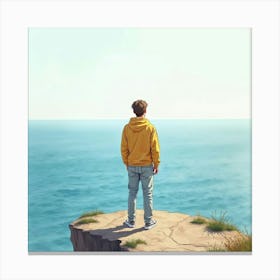 Justin Bieber Standing On A Cliff, Overlooking The Sea, In Soft Watercolor Canvas Print