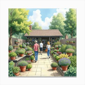 An English Garden Center With People Shopping For Plants And Garden Supplies, Watercolor 1 Canvas Print