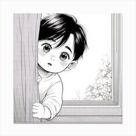 Little Boy Peeking Out Of The Window Canvas Print