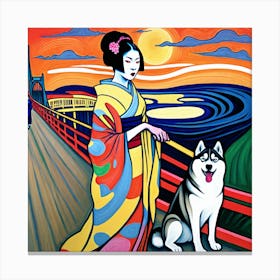 Geisha with a husky, in the sunset, on a bridge Canvas Print