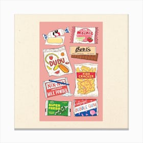 90s Snacks Pink Square Canvas Print