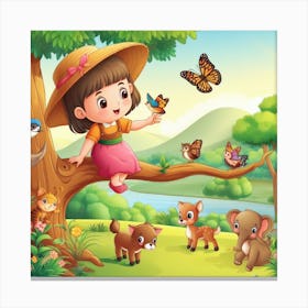 Lovely little girl playing with animals Canvas Print