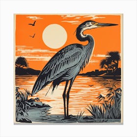 Retro Bird Lithograph Great Blue Heron 1 Canvas Print