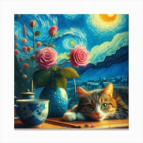 Cat And Roses 2 Canvas Print