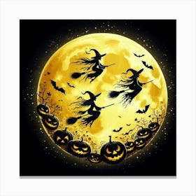 Halloween Witches Flying Over The Moon Canvas Print