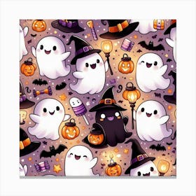 Halloween Cute Ghosts On Lilac Pattern Canvas Print