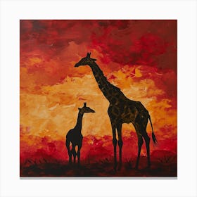 Giraffe & Calf In The Sunset Red Brushstrokes 4 Canvas Print
