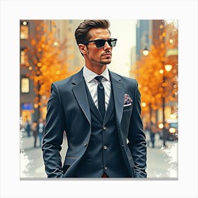 Sophisticated Man In Watercolor Suit, Abstract City Lights 1 Canvas Print