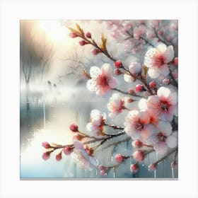 Cherry Blossom Watercolor Painting: Misty Morning Over Fall Pond by Alison Brady – Pastel Colors & SAI Sunshine. Canvas Print