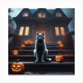 Halloween Cat In Front Of House 21 Canvas Print