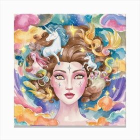 Watercolor Of A Girl With Unicorns Canvas Print