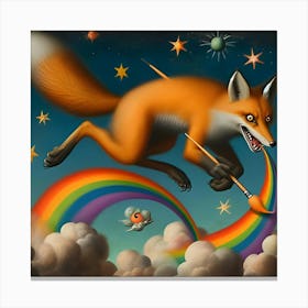 A Stealthy Fox With A Paintbrush That Shoots Rainbows, Inspired By The Fantastical Paintings Of Hieronymus Bosch 1 Canvas Print