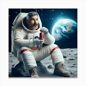 A Realistic Image Of A Man Drinking A Coke On The Moon 3 Canvas Print