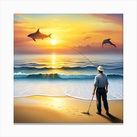 Fishing With Dolphins Canvas Print