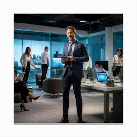 Confident Ceo Standing Center At A Sleek Modern Office Workshop Surrounded By Focused Team In Moti 2 1 Canvas Print