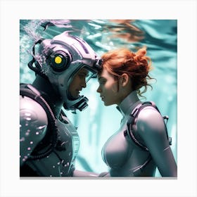 3d Dslr Photography Couples Inside Under The Sea Water Swimming Holding Each Other, Cyberpunk Art, By Krenz Cushart, Both Are Wearing A Futuristic Swimming With Helmet Suit Of Power Armor 2 Canvas Print