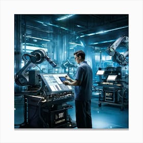 Cyber Industrial Interface Showcasing A Factory Manager Overseeing A High Tech Manufacturing Floor (2) Canvas Print