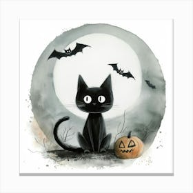 Cute Halloween Black Cat, Bats & Pumpkin Canvas Print