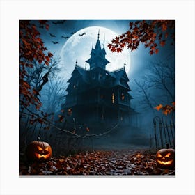 A Fiercely Blazing Haunted House Banner Devilishly Shadowed And Skittish Across The Eerie Pattern O (1) Canvas Print