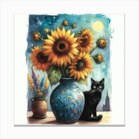 Sunflowers And Cat watercolor pestel painting Vase With Three Sunflowers With A Black Cat, Van Gogh Inspired Art Print.. 1 Canvas Print