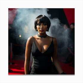 A Smoking Hot Voluptuous Sexy Black Woman In A Black Latex Dress Smoke in Back on Red Carpet - Created by Midjourney Canvas Print