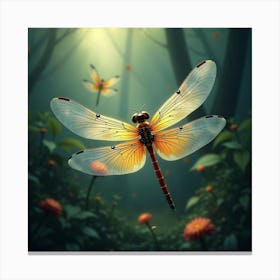 An Abstract Dragonfly With Geometric Wings Fluttering In A Surreal Garden Of Light Canvas Print