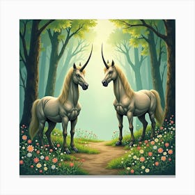 Watercolor Centaurs In An Ancient, Enchanted Forest 1 Canvas Print