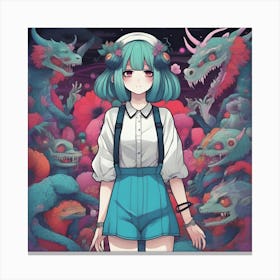 Anime Girl Standing In Front Of Monsters Canvas Print