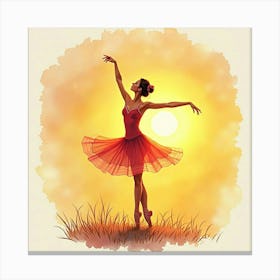 Graceful Ballerina With Watercolor Golden Sunset 1 Canvas Print