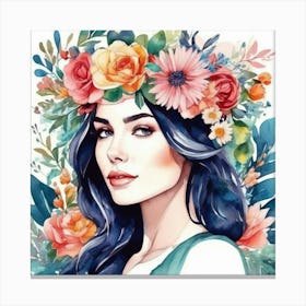 Watercolor Of A Woman With Flowers 2 Canvas Print