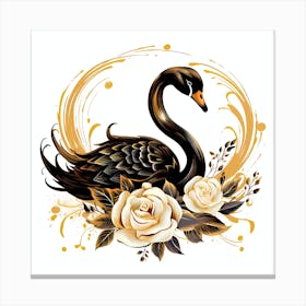 Black Swan With Roses 1 Canvas Print