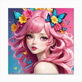 Pink Haired Girl With Butterflies Canvas Print