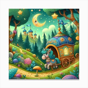 Playful Cartoon Style Illustration Of A Whimsical Caravan Journey Through A Magical Forest, Style Cartoon Illustration 3 Canvas Print