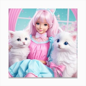 Cute Girl With Two White Cats Canvas Print