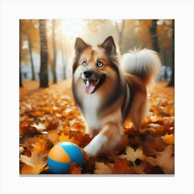 Dog Playing With Ball In Autumn Park Canvas Print
