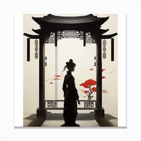 Woman 2. Kimono 3. Corridor 4. Red Umbrella 5. Traditional Asian Architecture 6. Intricate Carvings 7. Red Lanterns 8. Calm Expression. .woman standing in front of a traditional Asian-style archway, with a red umbrella in the background. The woman is dressed in a black kimono and has a serene expression on her face. The archway is adorned with intricate carvings and red lanterns, adding to the overall atmosphere of the scene. Canvas Print